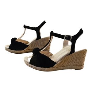 Adorable Eric Michael Women's Black And Tan Leather Wedge Sandals With Buckle